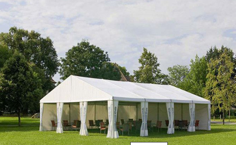 Aluminium Frame Party Tent marquee with waterproof PVC roof and sidewalls, modular design for garden parties, events and catering functions, easy to assemble and secure with anchors.